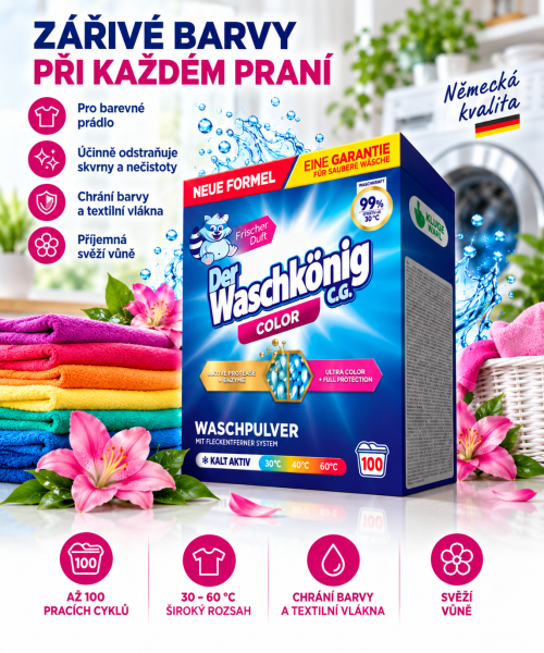 Waschkönig Color XXL prací prášek na barevné prádlo – 6 kg, až 100 pracích cyklů
